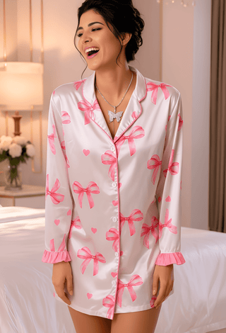 Pink Bow Satin Sleep Shirt - W532 - Mina Femme
