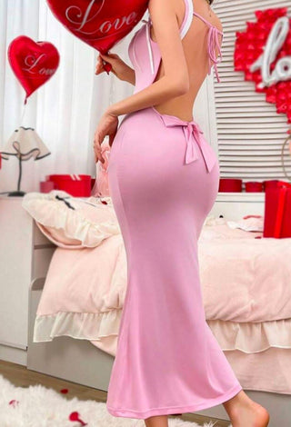 Pink Cotton Bodycon Midi Dress with Bow Straps | Femme 3035 - Mina Femme