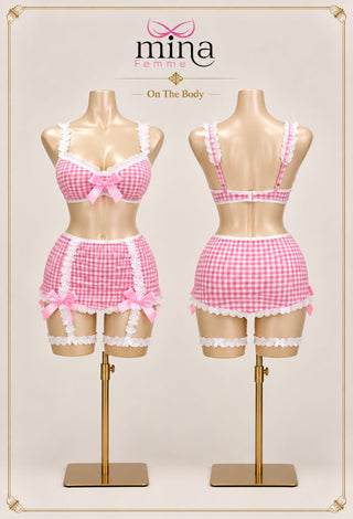 Pink Gingham Coquette Lingerie Set – Bow Detail Soft Girl Outfit - Joly 2276 - Mina Femme