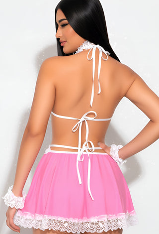 Pink Lace Lingerie Set – Sexy Bralette, Mini Skirt & Choker Set - Joly 2280 - Mina Femme