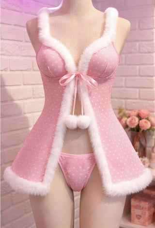 Pink Polka Dot Mesh Babydoll Lingerie with Fur Trim - EVE 7072 - Mina Femme