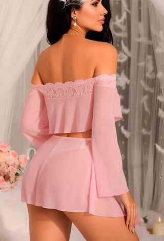 Pink Sheer Mesh Lace Lingerie Set – Off Shoulder Bridal Babydoll - R552 - Mina Femme