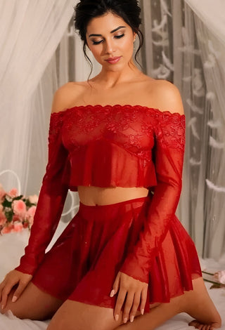 Pink Sheer Mesh Lace Lingerie Set – Off Shoulder Bridal Babydoll - R552 - Mina Femme