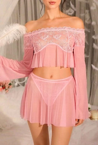 Pink Sheer Mesh Lace Lingerie Set – Off Shoulder Bridal Babydoll - R552 - Mina Femme