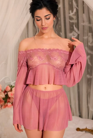 Pink Sheer Mesh Lace Lingerie Set – Off Shoulder Bridal Babydoll - R552 - Mina Femme