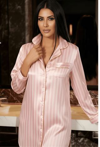 Pink Striped Satin Nightshirt - W023 - Mina Femme