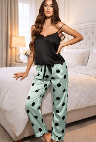 Polka Dot Pants & Black Top Satin Pajama - W123 - Mina Femme