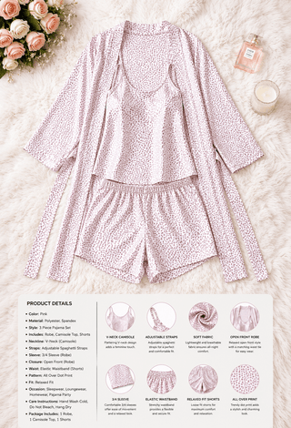 Printed 3 Pieces Satin Pajama Set with Robe - W728 - Mina Femme