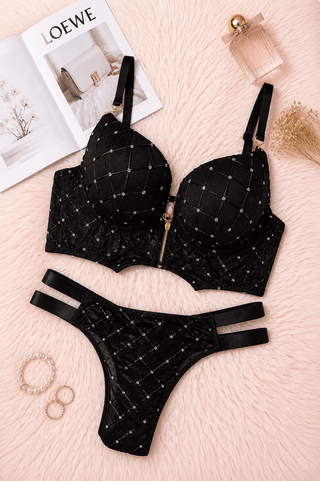 Push-Up Tulle Bra & Panty Set with Rhinestone Details - Fsn 2033 - Mina Femme
