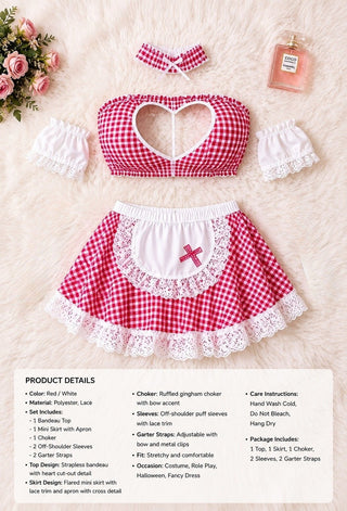 Red Checkered Costume Lingerie 3 Pieces Soft Butter Fabric - JOLY 2363 - Mina Femme