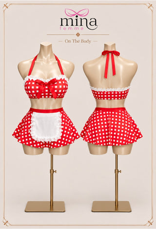 Red Gingham Custom Lingerie Set with Front Bow – Romantic Lace Trim Design - Joly 2190 - Mina Femme