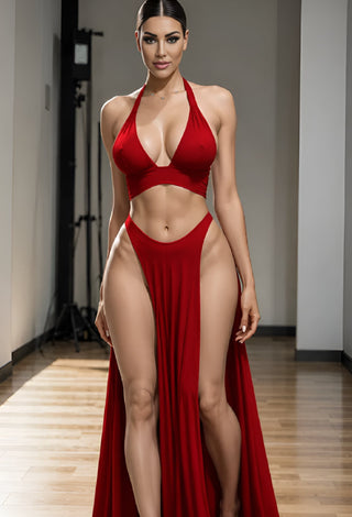 Red Halter Crop Top & High Slit Skirt Set - JOLY 2362 | Mina Femme - Mina Femme