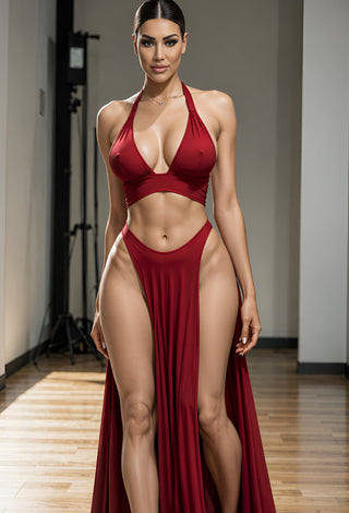 Red Halter Crop Top & High Slit Skirt Set - JOLY 2362 | Mina Femme - Mina Femme