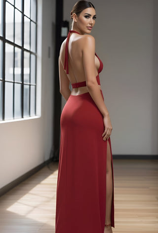 Red Halter Crop Top & High Slit Skirt Set - JOLY 2362 | Mina Femme - Mina Femme