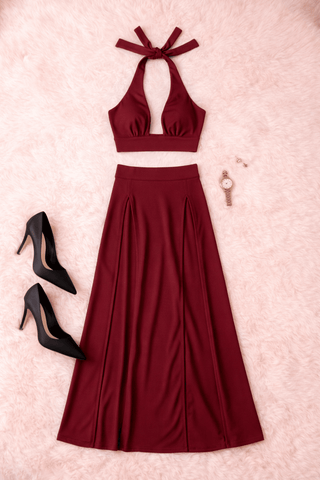 Red Halter Crop Top & High Slit Skirt Set - JOLY 2362 | Mina Femme - Mina Femme