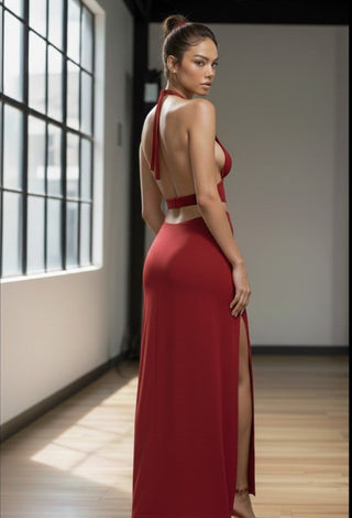 Red Halter Crop Top & High Slit Skirt Set - JOLY 2362 | Mina Femme - Mina Femme
