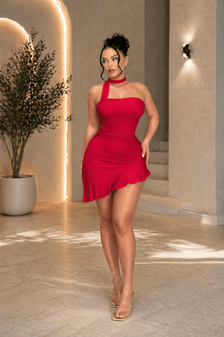 Red Mini Dress Soft Butter Fabric with Chic Neck Detail - Joly 2352 - Mina Femme