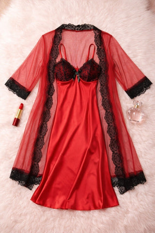 Red Satin & Black Lace Lingerie Set - W586 | Mina Femme - Mina Femme
