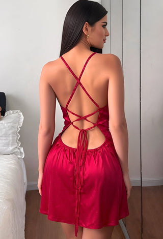 Red Satin Nightdress with Lace Detail - W720 - Mina Femme