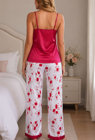 Red Satin Pajama Set Floral Print - W421 - Mina Femme