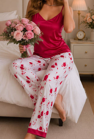 Red Satin Pajama Set Floral Print - W421 - Mina Femme