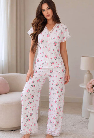 Ribbed Floral Pajama Set - Simple 5181 - Mina Femme