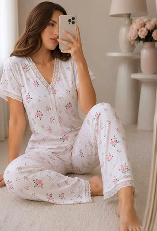 Ribbed Floral Pajama Set - Simple 5181 - Mina Femme