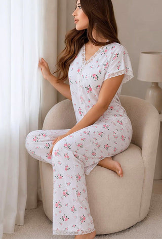Ribbed Floral Pajama Set - Simple 5181 - Mina Femme