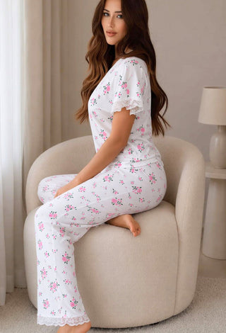 Ribbed Floral Pajama Set - Simple 5181 - Mina Femme