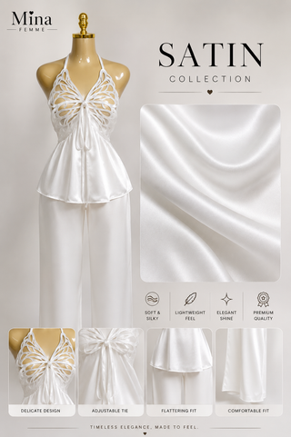 Ivory Butterfly Satin Pajama Set - W528