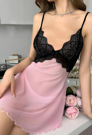 Romantic Lingerie Pink Mesh with Black Lace Top - R280 - Mina Femme