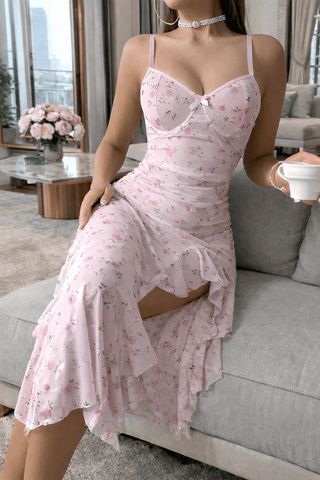 Romantic Pink Floral Tulle Midi Dress - Eve 7008 - Mina Femme