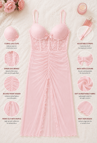 Romantic Sheer Pink Push-Up Lace Mesh Lingerie - R389 - Mina Femme