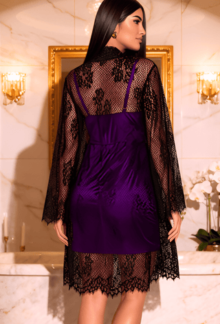 Royal Noir Satin & Lace Lingerie Set – Wireless Unpadded 3 Piece Set - W656 - Mina Femme