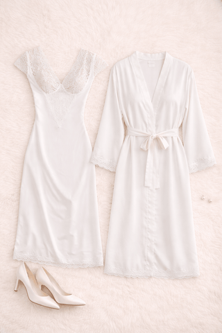 Royal Pearl Satin & Lace Bridal Nightgown with Robe -W547 | Mina Femme - Mina Femme