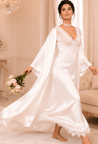 Royal Pearl Satin & Lace Bridal Nightgown with Robe -W547 | Mina Femme - Mina Femme
