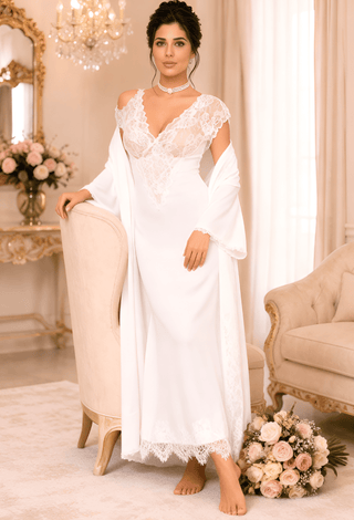 Royal Pearl Satin & Lace Bridal Nightgown with Robe -W547 | Mina Femme - Mina Femme