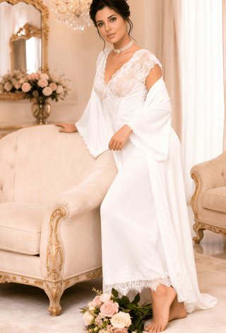 Royal Pearl Satin & Lace Bridal Nightgown with Robe -W547 | Mina Femme - Mina Femme