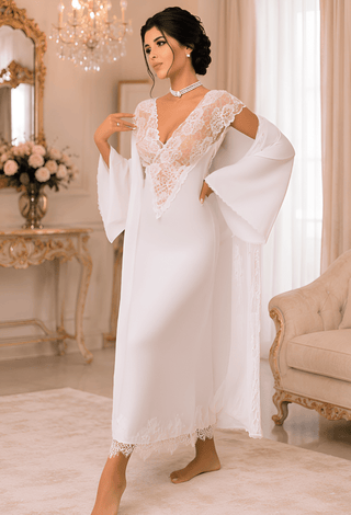 Royal Pearl Satin & Lace Bridal Nightgown with Robe -W547 | Mina Femme - Mina Femme