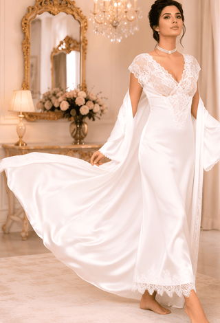Royal Pearl Satin & Lace Bridal Nightgown with Robe -W547 | Mina Femme - Mina Femme