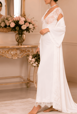 Royal Pearl Satin & Lace Bridal Nightgown with Robe -W547 | Mina Femme - Mina Femme