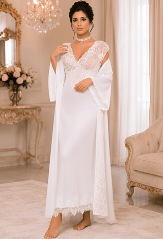Royal Pearl Satin & Lace Bridal Nightgown with Robe -W547 | Mina Femme - Mina Femme