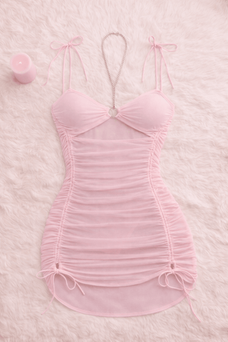Ruched Sexy Pink Sheer Tulle Lingerie - R449 - Mina Femme