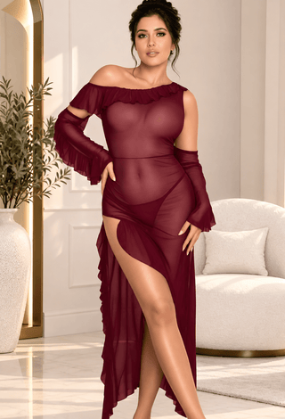 Ruffle Sleeve Black Sheer Mesh 3-Piece Lingerie Set - R422 - Mina Femme