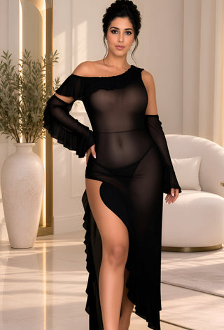 Ruffle Sleeve Black Sheer Mesh 3-Piece Lingerie Set - R422 - Mina Femme