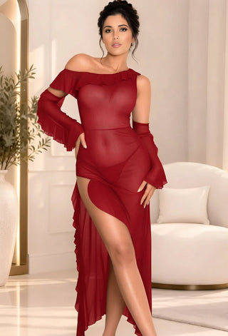 Ruffle Sleeve Black Sheer Mesh 3-Piece Lingerie Set - R422 - Mina Femme