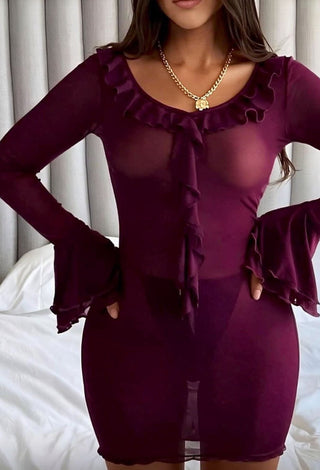 Ruffle Sleeve Sexy Purple Tulle Lingerie - R519 - Mina Femme
