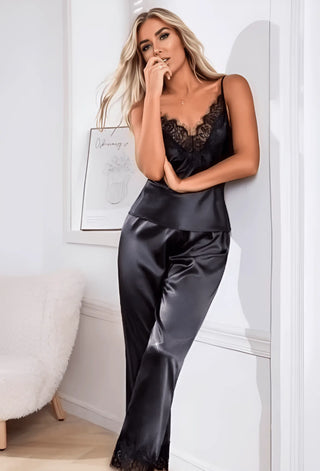 Satin Lace Pajama Set For Bridals - W548 | Mina Femme - Mina Femme