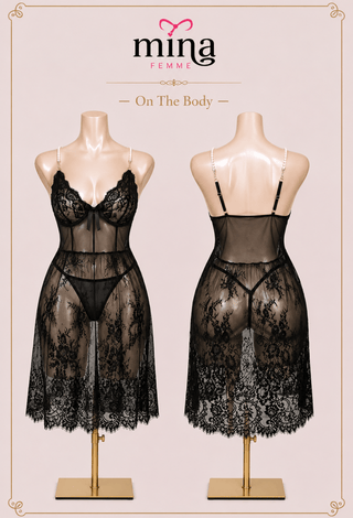 Sexy Black Floral Lace Mesh Nightdress for Women - R465 - Mina Femme