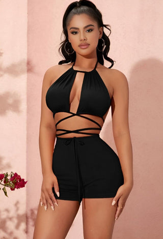 Sexy Halter Two-Piece Wrap Short Set Midnight Wrap - Joly 2166 | Mina Femme - Mina Femme